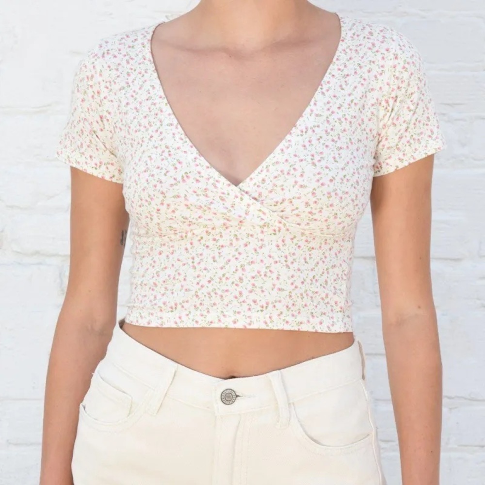 Brandy Melville Amara Floral White and Pink Wrap Blouse Top